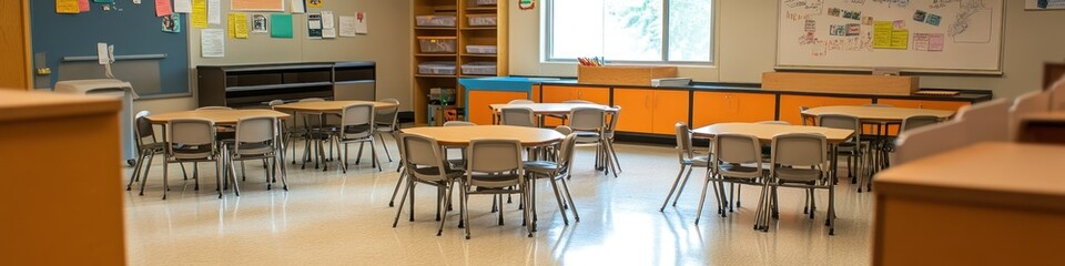 Desks and chairs in a classroom. The room is organized and ready for students, with a clean and tidy appearance.