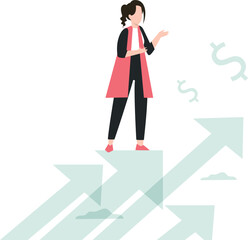 The girl is standing on dollar arrow.