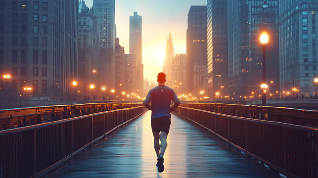 Early morning jogger crossing a bridge in the city, sunrise illuminating the skyline, sense of freedom and determination, healthy lifestyle. Generative AI illustration  - Powered by Adobe