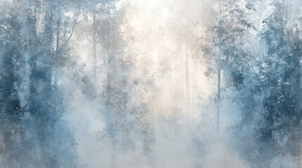 Soft abstract textures in muted grays and blues, evoking the serene beauty of a foggy morning in a forest