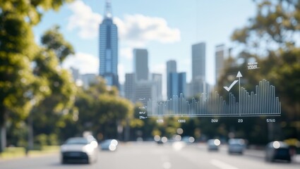 Obraz premium An Inspiring Visual of Urban Life: A Cityscape Enhanced by Data Analytics, Featuring a Dynamic Graph Against a Background of Skyscrapers and Tree-Lined Streets.