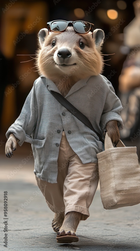 Sticker A cute, anthropomorphic raccoon wearing sunglasses, a light blue shirt, and beige pants, carrying a tote bag, walks down the street.