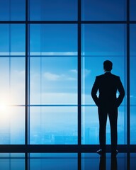 Fototapeta premium A businessman in a suit stands silhouetted against a modern office window, contemplating the city skyline at dawn.