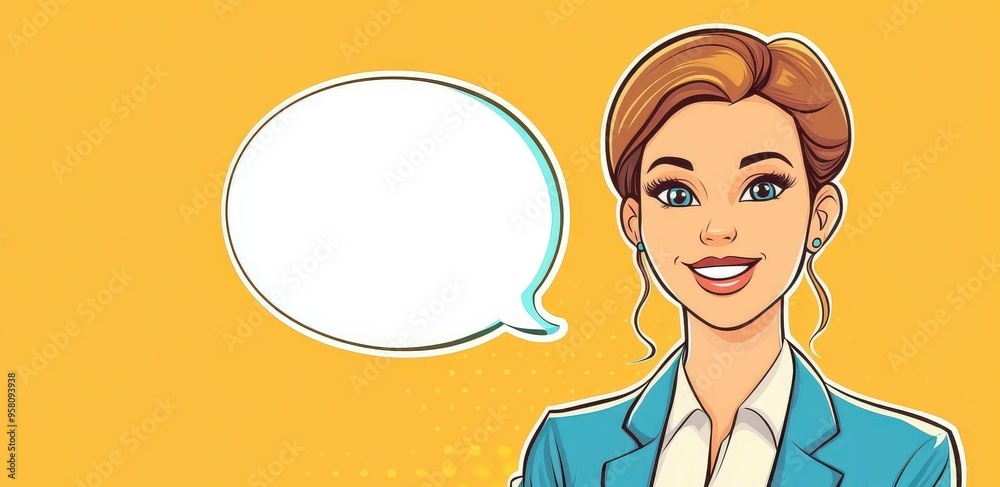 Wall mural a vibrant illustration of a business woman in pop art style, featuring a playful speech bubble and c