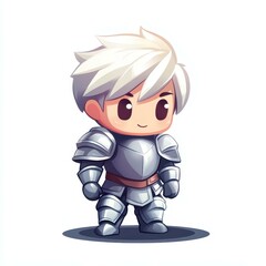Obraz premium A pixelated chibi male knight dons shiny silver armor, featuring short cream hair, captured at eye level for vibrant detail.