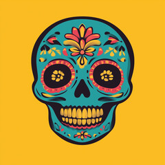 Minimalistic illustration flat colorful vector style of a mexican skull decorated for the Day of dead against yellow background