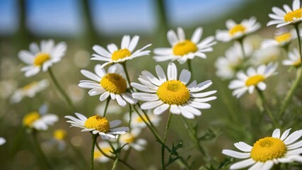 Fototapeta premium Close-up of delicate white daisies with yellow centers in a field.
