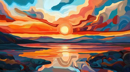 Vivid abstract patterns in sunset hues, capturing the transition of light over a vast and open landscape