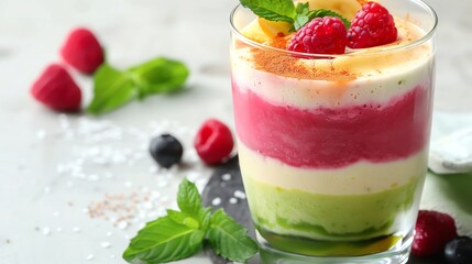 A layered fruit smoothie with green, yellow, and pink layers, topped with raspberries and mint.