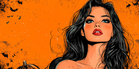 Pop art portrait of a witch with black hair against an orange background with bats and a pumpkin, symbolizing Halloween. Perfect for Halloween promotions, banners, and social media ads.