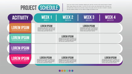 Project schedule activity event chart daily and weekly timetable infographic design template.Overview planning timeline business vector illustration.
