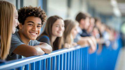 Students leaning on a blue railing in a modern school hallway, laughing and chatting, with a...