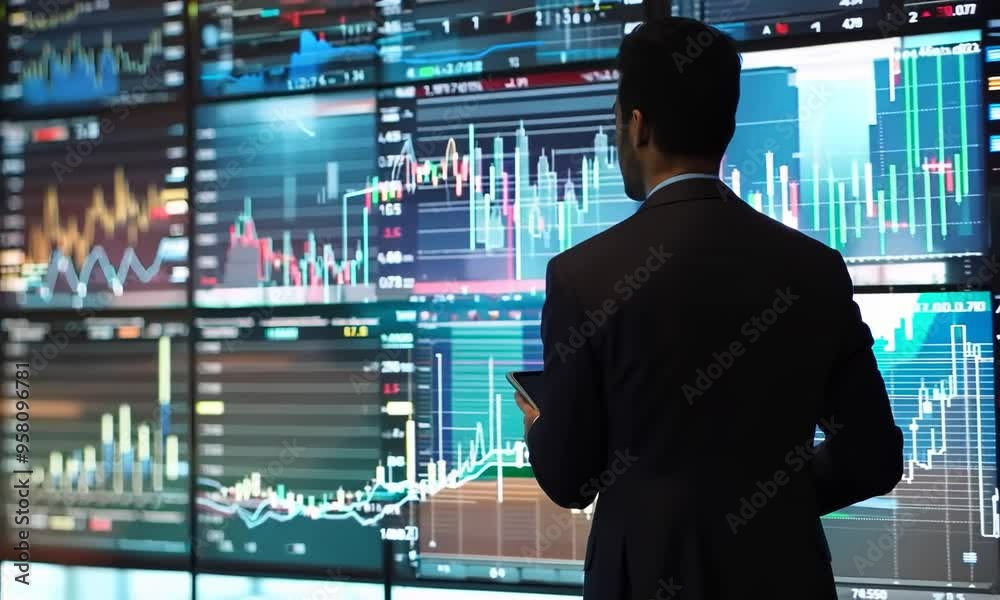 Poster a man is looking at a computer screen with many graphs and numbers video