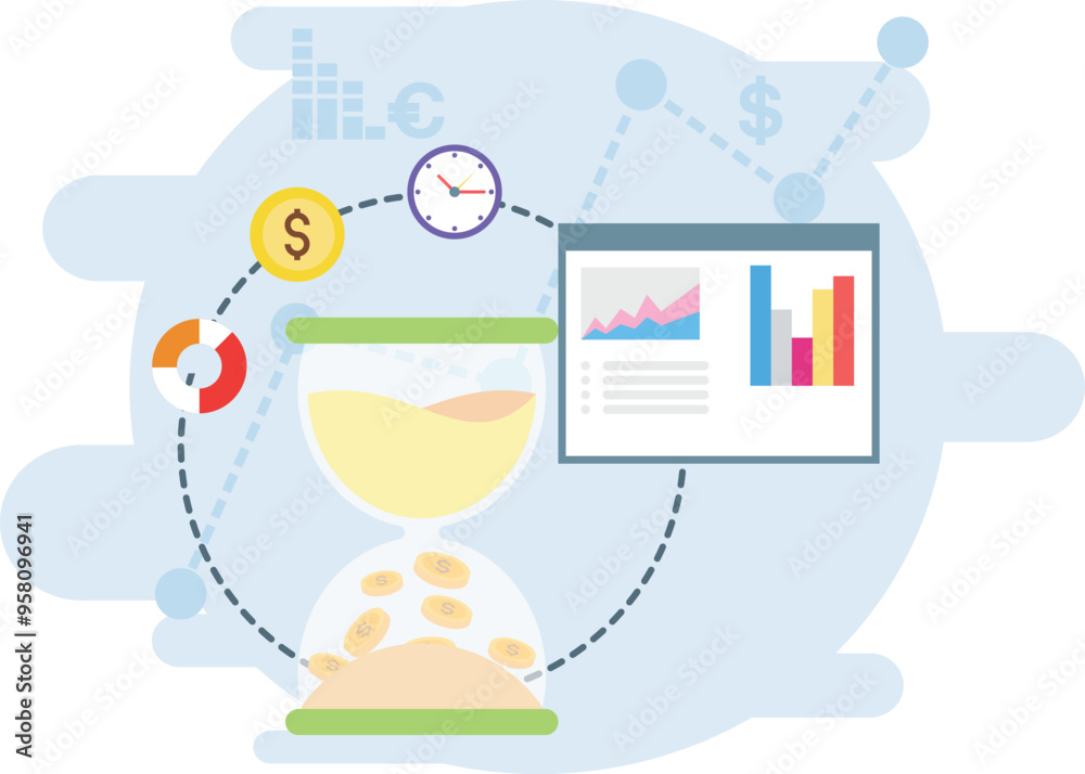 Sticker the dollar sandglass of business and finance graph.