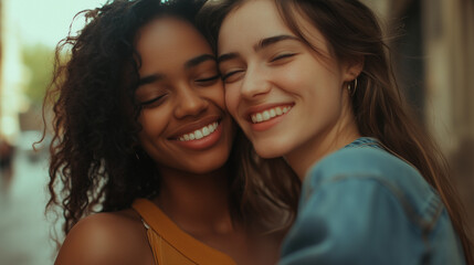 Fototapeta premium Two happy young women hugging and smiling against a bright yellow background. Friendship and joy captured in this warm and affectionate portrait of diverse friends enjoying a moment of happiness toget