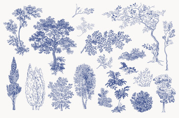 Set of trees and bushes. Woodland. Landscape elements. Vector vintage illustration. Blue and white