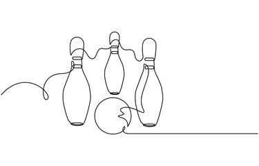 Single one line drawing bowling ball and pins. Sports equipment. Bowling sport game. Ball crashing pins. Strike bowling leisure concept. Modern continuous line draw design graphic vector illustration