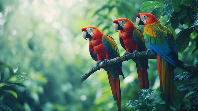 Tropikalny las deszczowy z mn&oacute;stwem papug w r&oacute;żnych odcieniach, kt&oacute;re swobodnie latają w gęstej roślinności. 