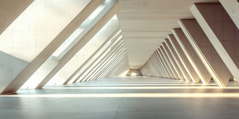 Sunlit modern architectural hallway with geometric concrete columns