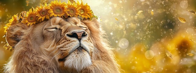  A lion wearing a crown of sunflowers on its head, with its eyes closed