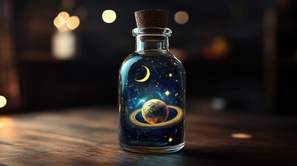 A glass bottle with a cork stopper holds a miniature universe. Inside, stars, a crescent moon, and a ringed planet drift in the dark, infinite space
