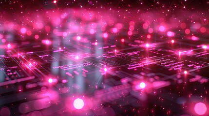 Obraz premium A computer screen with a pink background and a lot of glowing lights
