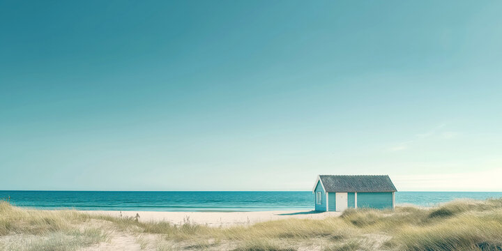 Tranquil beach hut by the sea under clear blue sky
