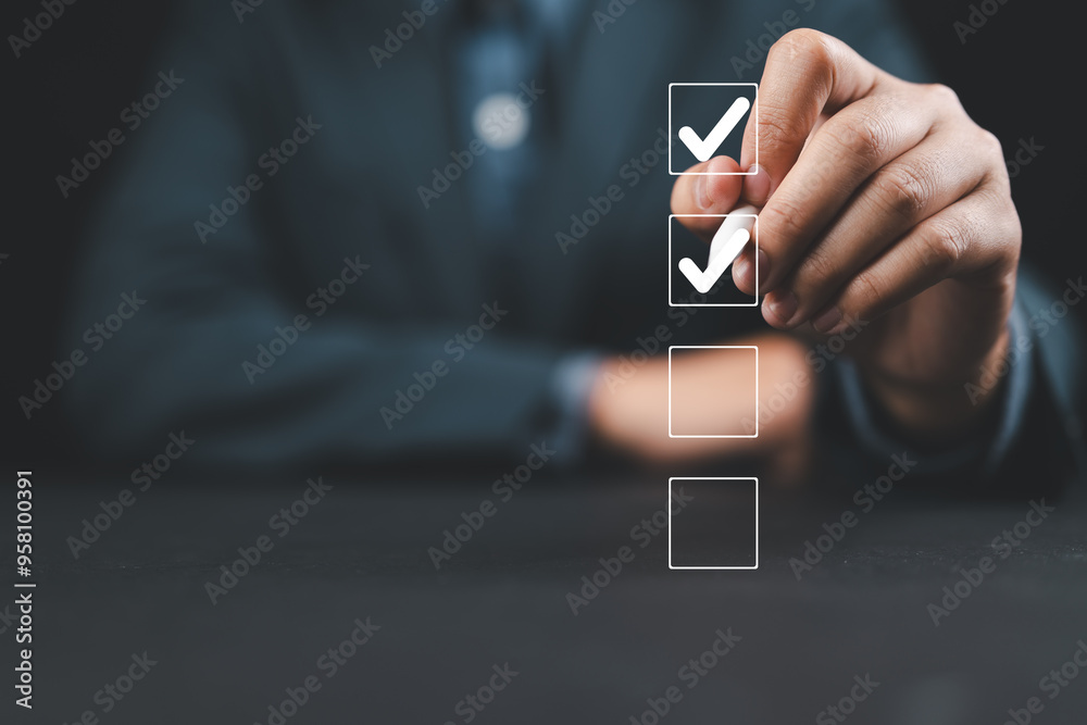 Poster Businessman use pen to tick correct sign mark in checkbox for quality document control checklist and business approve project concept.