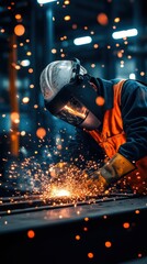 A skilled worker uses a cutting tool, producing sparks in a vibrant industrial setting, showcasing craftsmanship and concentration.
