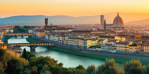 Fototapeta premium Sunset over florence: capturing the beauty of historical architecture and river arno