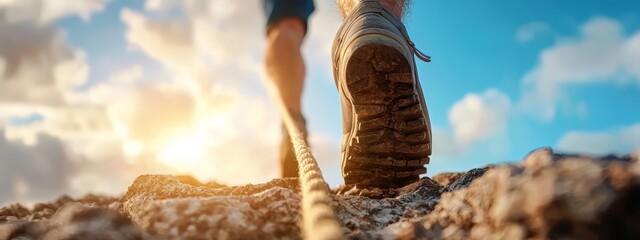 Obraz premium A tight shot of feet stepping on rocky terrain against a backdrop of a blue sky and drifting clouds