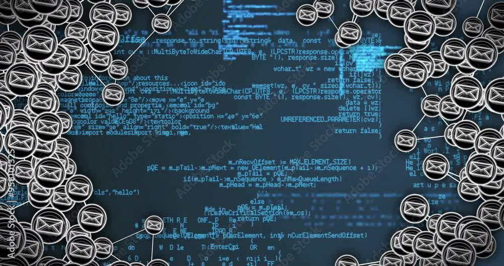 Poster computer code and network connections, data processing animation over blue background