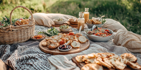 Outdoor picnic spread with bread, salads, and juices on cozy blanket in nature