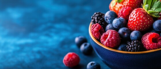 A vibrant bowl of assorted berries, including strawberries, blueberries, raspberries, and blackberries, against a dark blue backdrop.