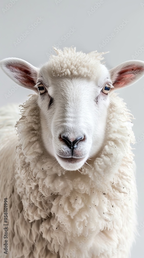 Poster a white sheep with a fluffy coat and a curious expression