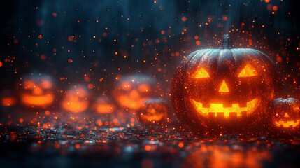 Naklejka premium Halloween pumpkins glowing under a rainy night with bokeh lights in the background