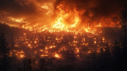 Fototapeta premium Intense Wildfire Engulfing Forest and Residential Area at Night with Dramatic Flames and Smoke