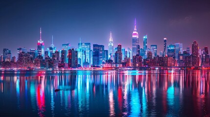 Nighttime View of a Vibrant City Skyline Reflected in Water