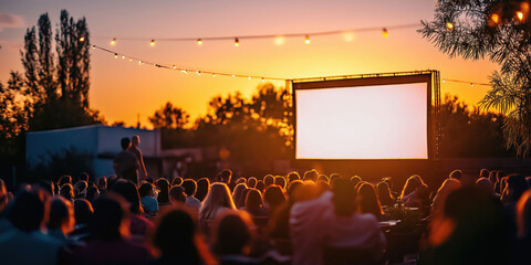 Outdoor cinema at sunset: captivated audience enjoys film under twilight sky