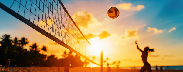 A vibrant sunset scene with a person playing beach volleyball, capturing the essence of sports and summer leisure.