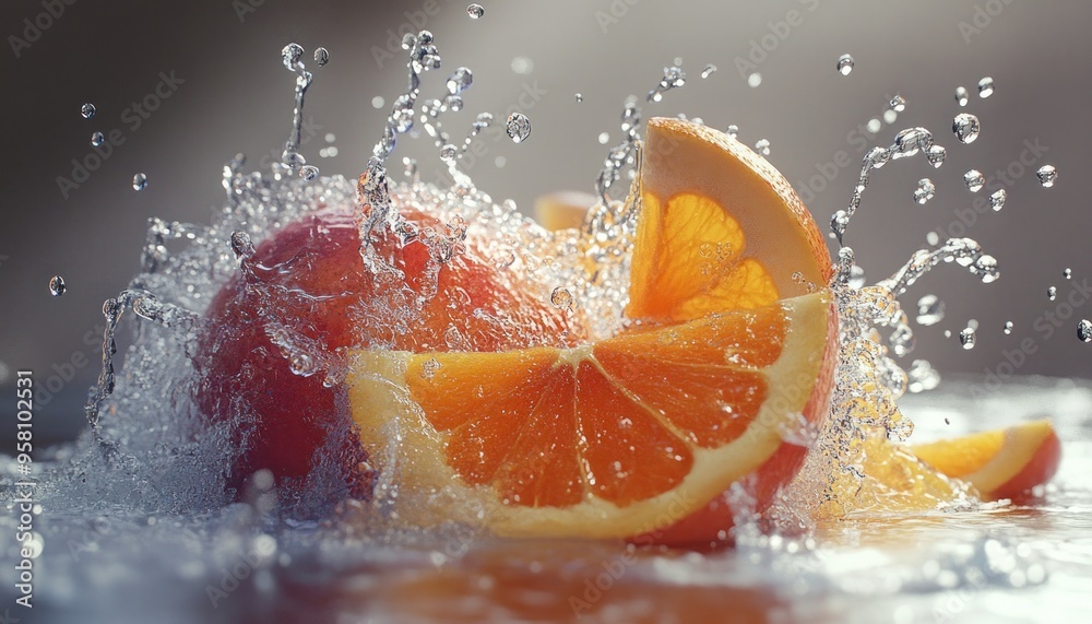 Poster slices of orange and grapefruit splashing in water