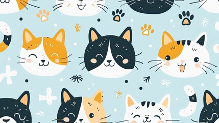 Cute Cartoon Cats with Paw Prints and  Abstract Shapes on a Blue Background