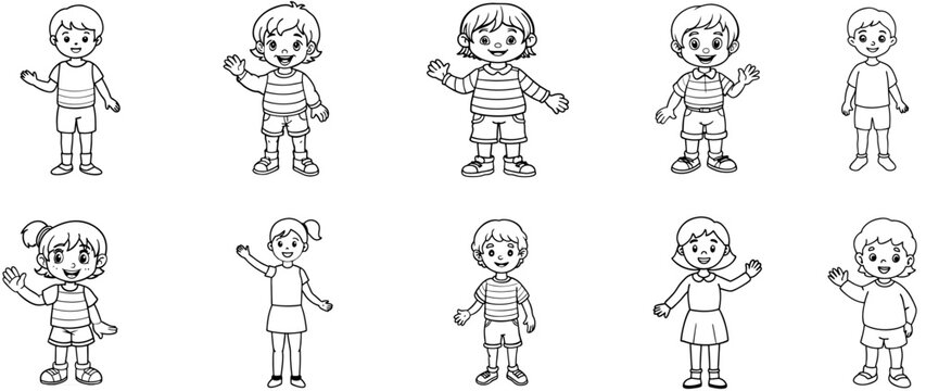 Set of little children waving and greeting