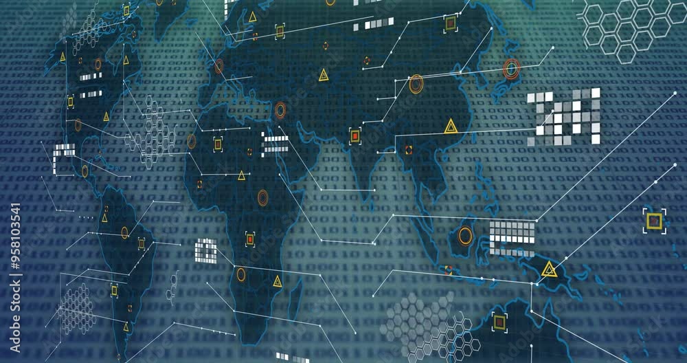 Poster binary code and network connections animation over world map