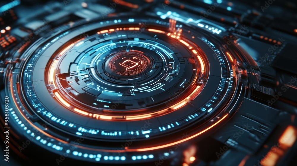 Poster close-up of a futuristic circular interface with glowing lights
