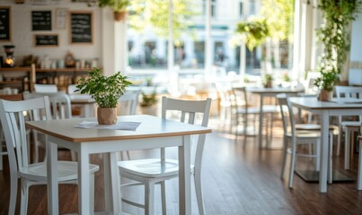 Obraz premium Softly focused image of a bright and cozy café interior with sunlight streaming through expansive windows, reflecting warmly on polished table surfaces, ideal for themes of relaxation and dining.