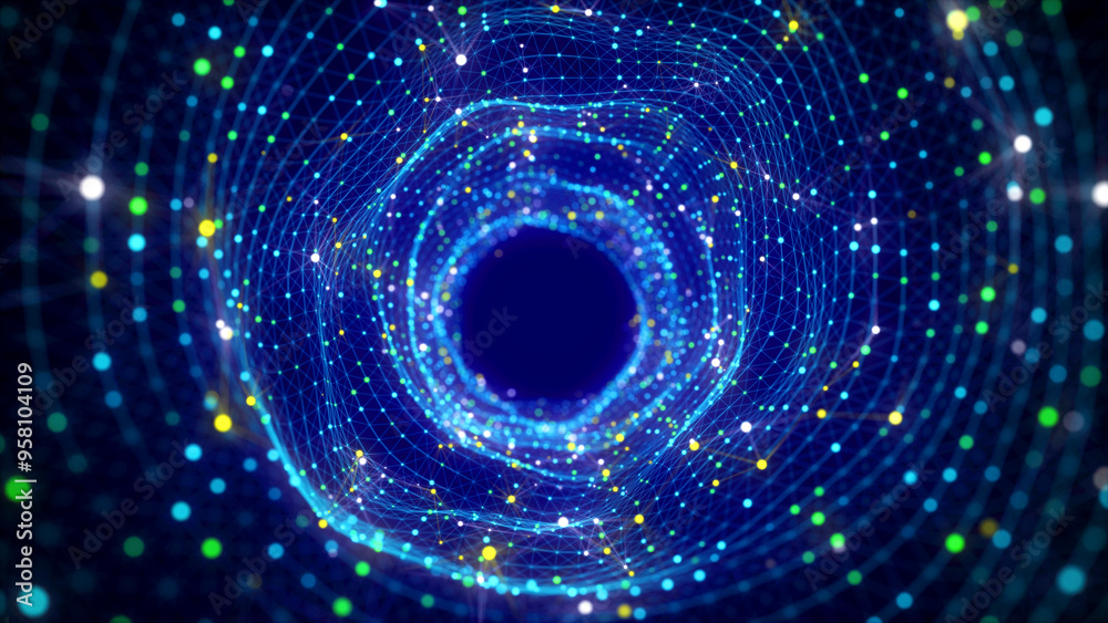 Poster Futuristic dynamic wireframe tunnel on blue background. Digital data flow. Progressive IT technologies. 3d rendering.	