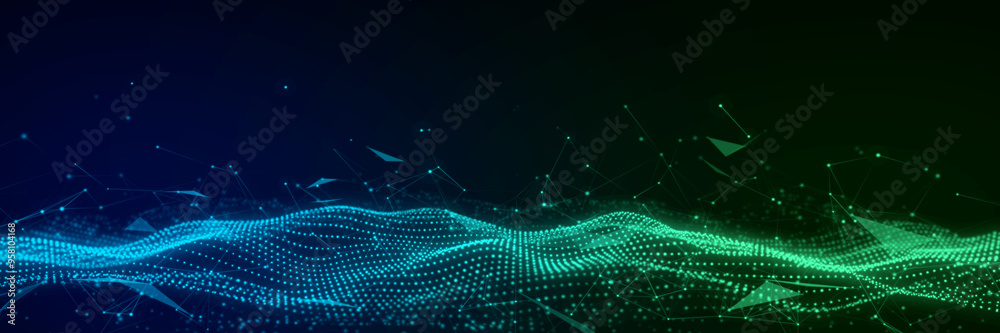 Poster dynamic sound wave of particles. music futuristic flow. abstract technology background. 3d rendering