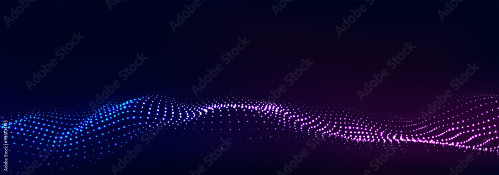 Poster Dynamic bright particle wave. Futuristic point glowing wave. Flow of colorful digital structure. Data technology background. Vector illustration.	