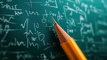 Close-up of a sharpened yellow pencil on a chalkboard filled with mathematical equations and calculations.